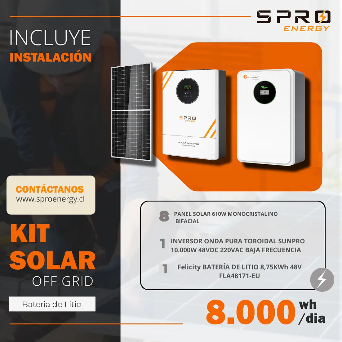 KIT DE ENERGIA SOLAR 8.000W SISTEMA FUERA DE RED (MPPT) INCLUYE INSTALACION (LITIO) 1