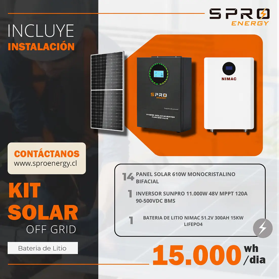 KIT DE ENERGIA SOLAR 15.000W SISTEMA FUERA DE RED (MPPT) INCLUYE INSTALACION (LITIO) 1