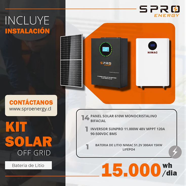 KIT DE ENERGIA SOLAR 15.000W SISTEMA FUERA DE RED (MPPT) INCLUYE INSTALACION (LITIO) 1