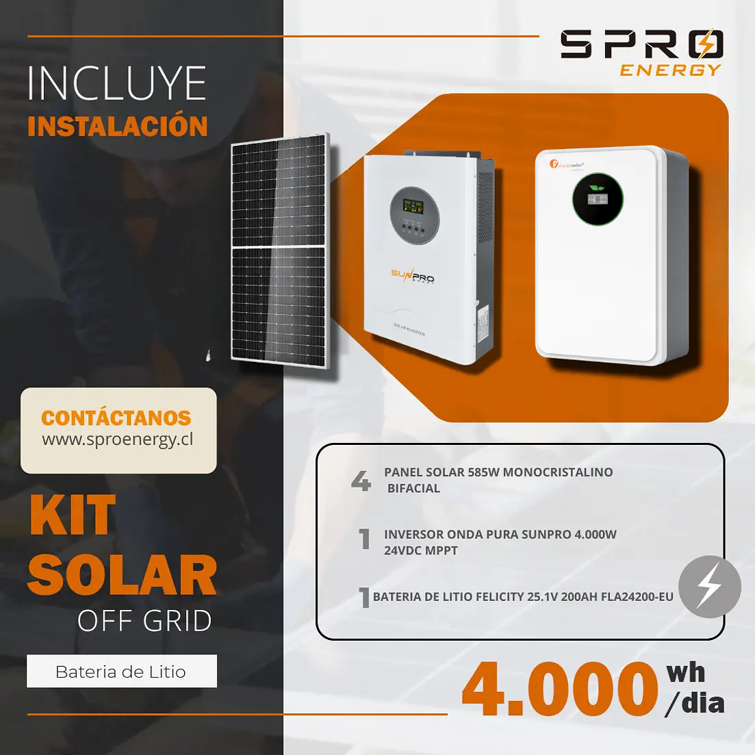 KIT DE ENERGIA SOLAR 4.000W SISTEMA FUERA DE RED (MPPT) INCLUYE INSTALACION (LITIO) 1