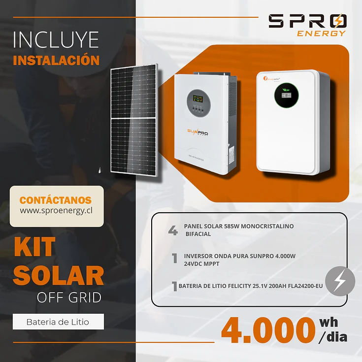 KIT DE ENERGIA SOLAR 4.000W SISTEMA FUERA DE RED (MPPT) INCLUYE INSTALACION (LITIO) 1