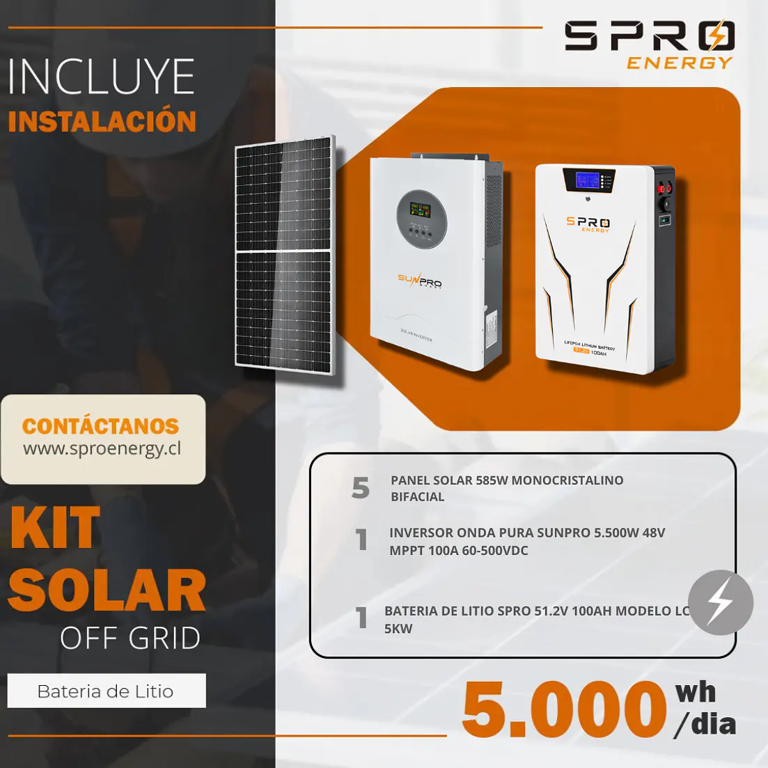 KIT DE ENERGIA SOLAR 5.000W SISTEMA FUERA DE RED (MPPT) INCLUYE INSTALACION (LITIO) 1
