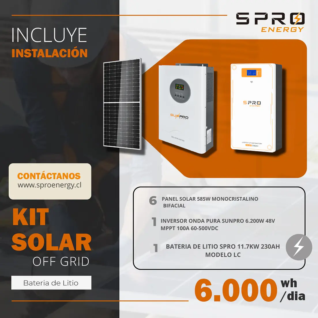 KIT DE ENERGIA SOLAR 6.000W SISTEMA FUERA DE RED (MPPT) INCLUYE INSTALACION (LITIO) 1