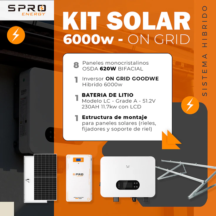 KIT DE ENERGIA SOLAR ONGRID HIBRIDO 6kW CON BATERIA 11.7kW 1