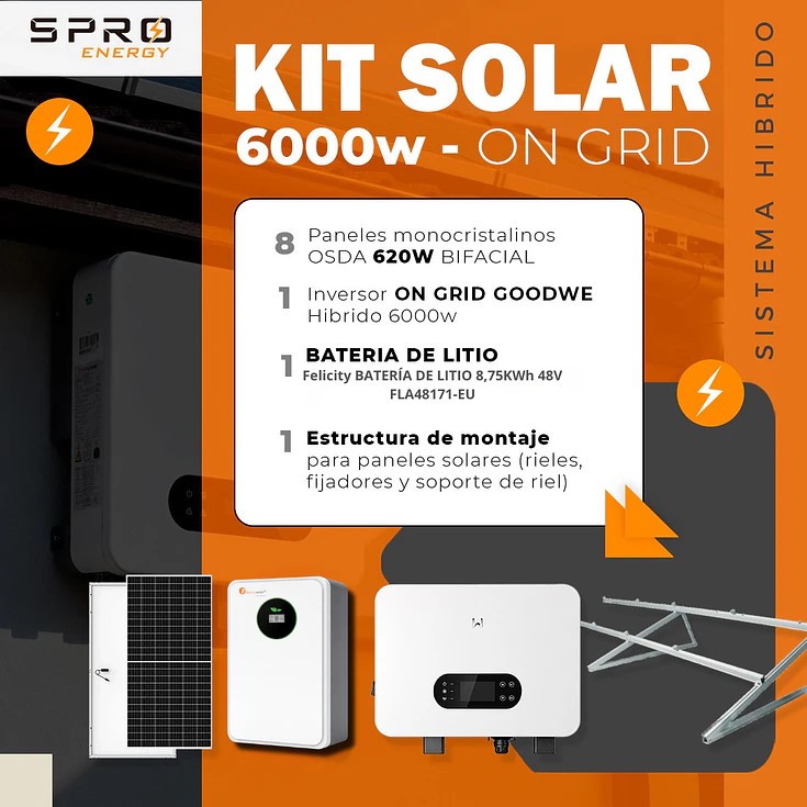 KIT DE ENERGIA SOLAR ONGRID HIBRIDO 6kW CON BATERIA 8.75kW 1