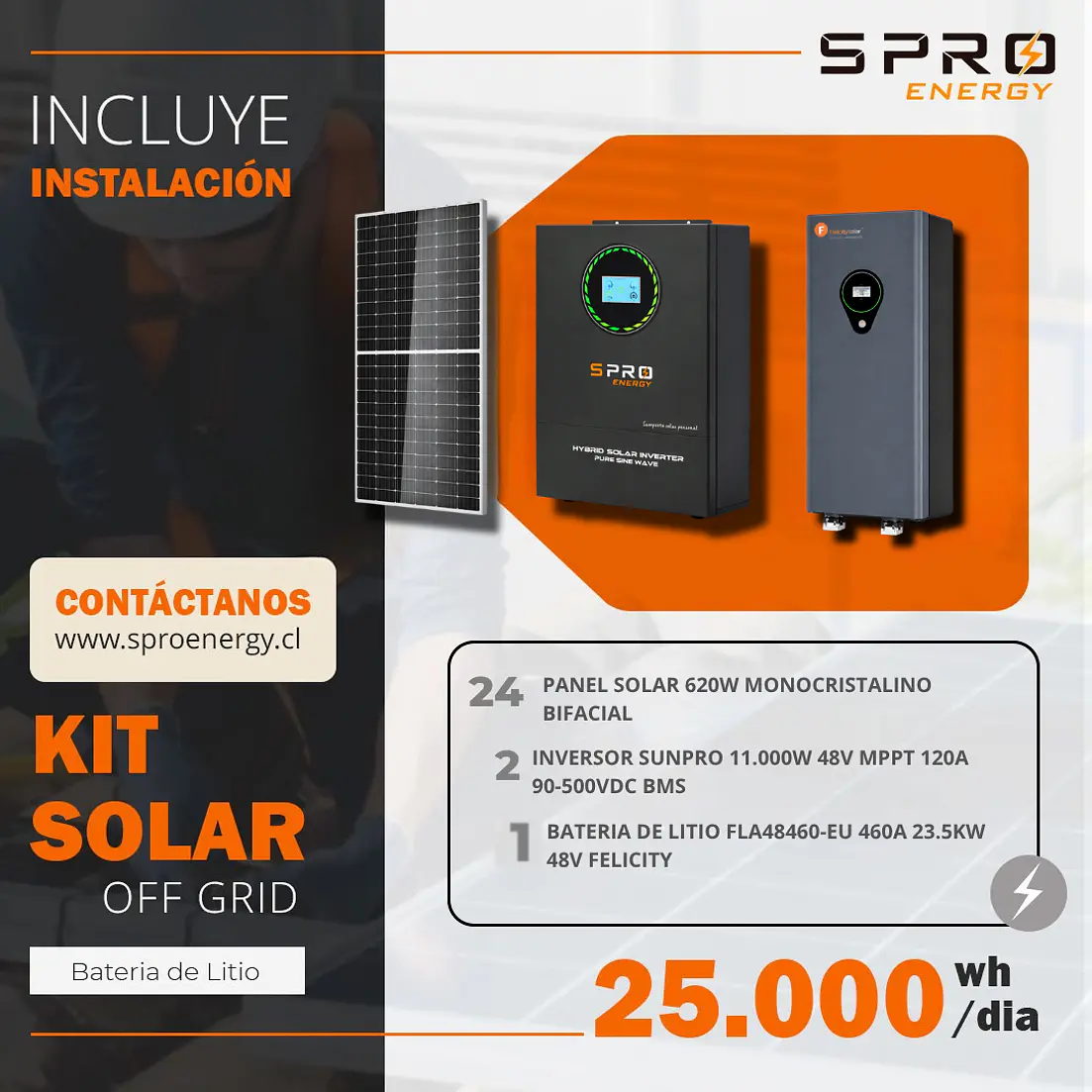 KIT DE ENERGIA SOLAR 25.000W SISTEMA FUERA DE RED (MPPT) INCLUYE INSTALACION (LITIO) 1