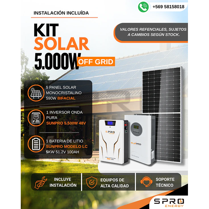 KIT DE ENERGIA SOLAR 5.000W SISTEMA FUERA DE RED (MPPT) INCLUYE INSTALACION (LITIO) 1
