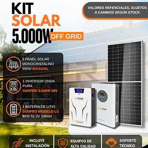 KIT DE ENERGIA SOLAR 5.000W SISTEMA FUERA DE RED (MPPT) INCLUYE INSTALACION (LITIO)