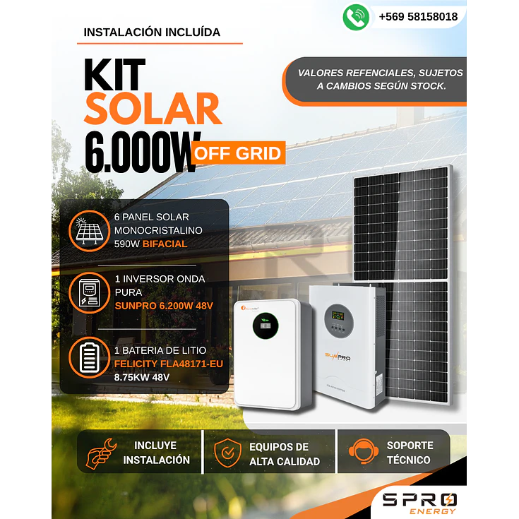 KIT DE ENERGIA SOLAR 6.000W SISTEMA FUERA DE RED (MPPT) INCLUYE INSTALACION (LITIO) 1
