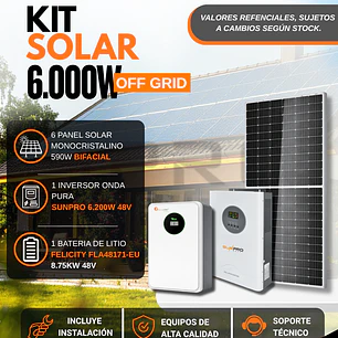 KIT DE ENERGIA SOLAR 6.000W SISTEMA FUERA DE RED (MPPT) INCLUYE INSTALACION (LITIO)