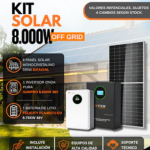 KIT DE ENERGIA SOLAR 8.000W SISTEMA FUERA DE RED (MPPT) INCLUYE INSTALACION (LITIO)