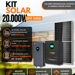 KIT DE ENERGIA SOLAR 20.000W SISTEMA FUERA DE RED (MPPT) INCLUYE INSTALACION (LITIO)