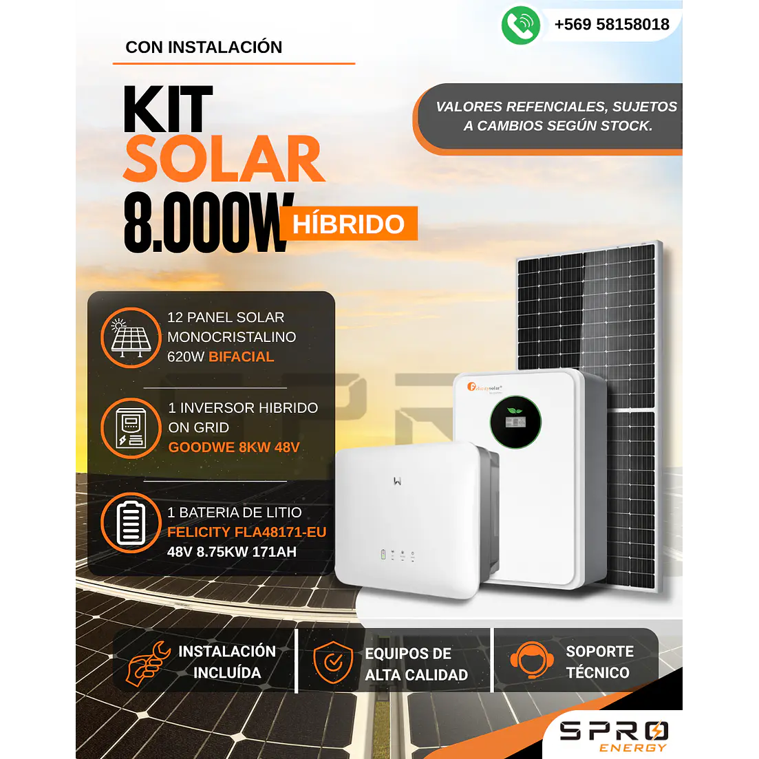 KIT DE ENERGIA SOLAR ONGRID HIBRIDO 8kW CON BATERIA 8.75kW 1