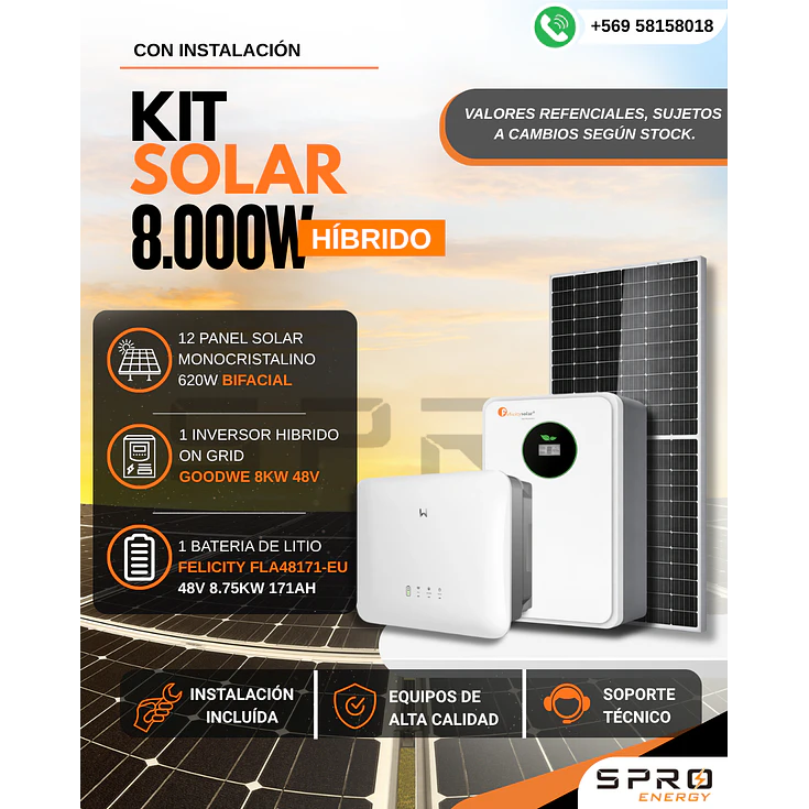 KIT DE ENERGIA SOLAR ONGRID HIBRIDO 8kW CON BATERIA 8.75kW 1