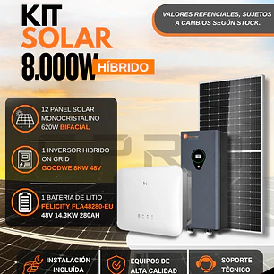 KIT DE ENERGIA SOLAR ONGRID HIBRIDO 8kW CON BATERIA 14.3kW