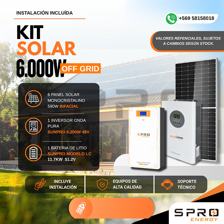 KIT DE ENERGIA SOLAR 6.000W SISTEMA FUERA DE RED (MPPT) INCLUYE INSTALACION (LITIO) 1