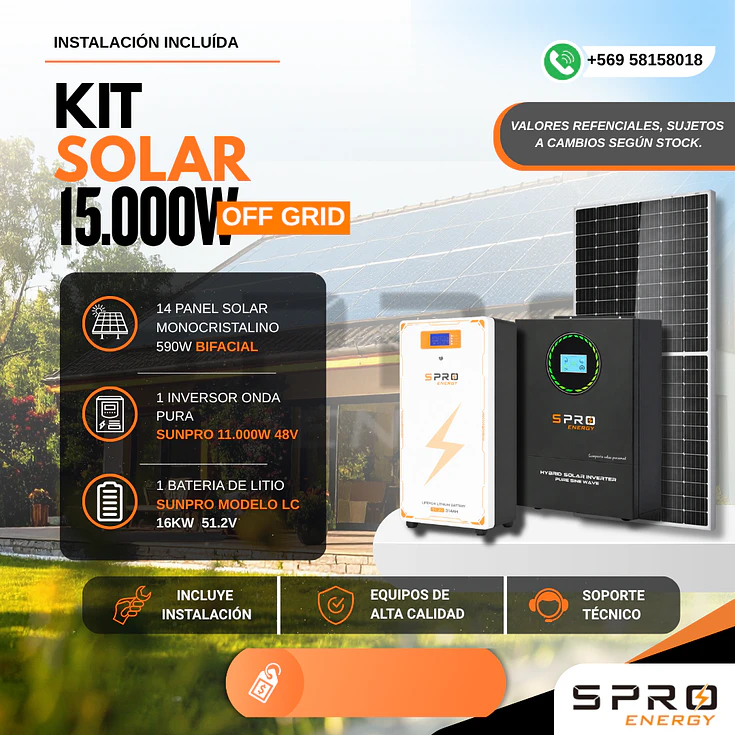 KIT DE ENERGIA SOLAR 15.000W SISTEMA FUERA DE RED (MPPT) INCLUYE INSTALACION (LITIO) 1