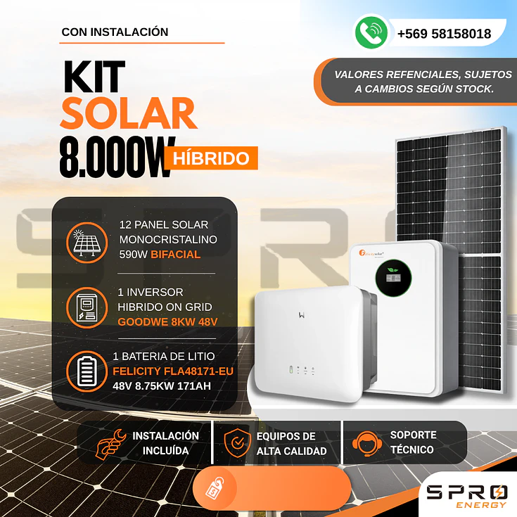 KIT DE ENERGIA SOLAR ONGRID HIBRIDO 8kW CON BATERIA 8.75kW 1