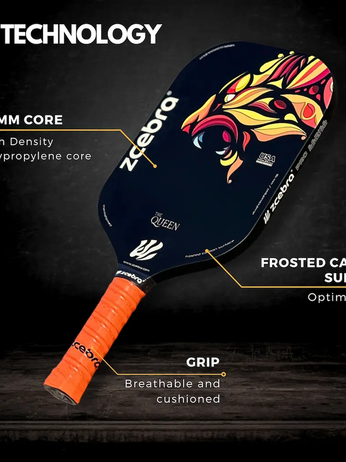 Raquete de Pickleball Zcebra Black/orange THE QUEEN Edgeless 7
