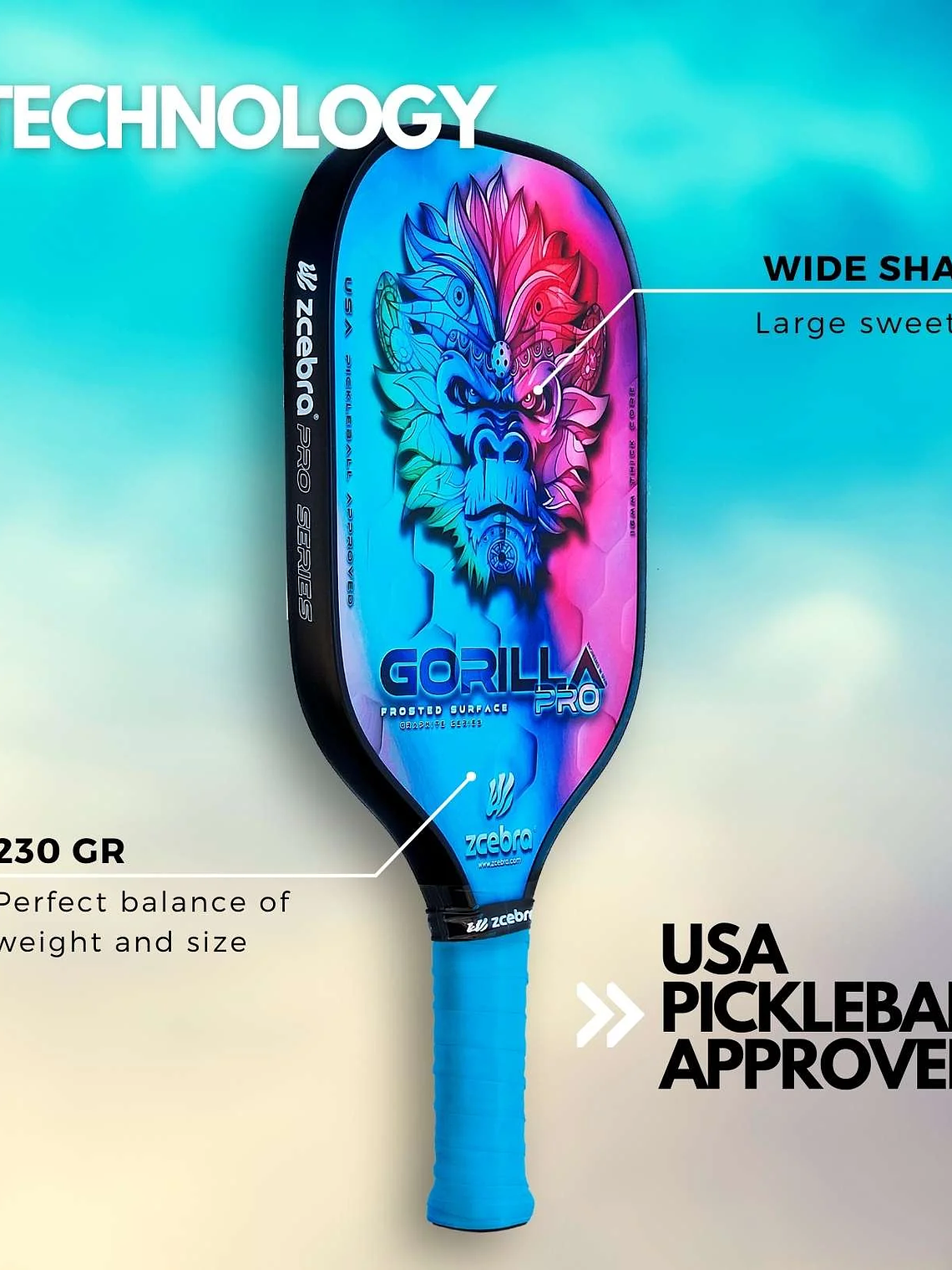 Raquete de Pickleball Zcebra Carbon GORILLA PRO SERIES (Rainbow) 3
