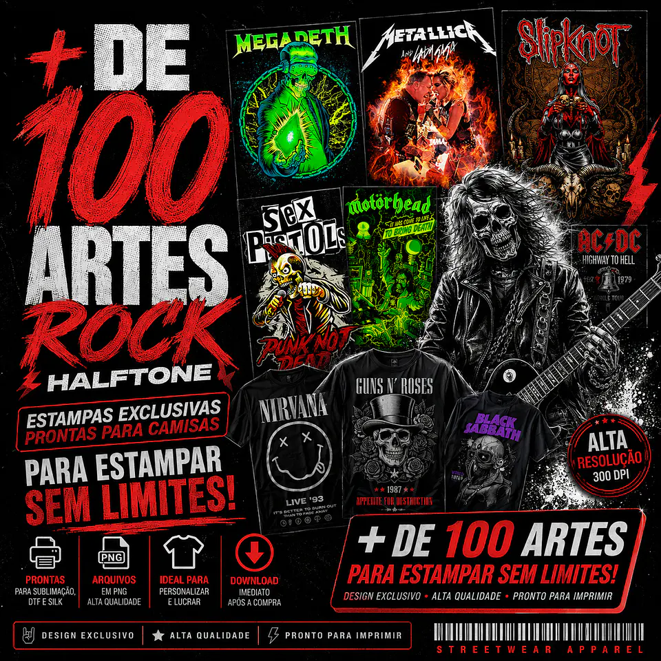 Pack Rock + De 100 Artes PNG para Camisetas Rock | DTF, Sublimação e Silk   1