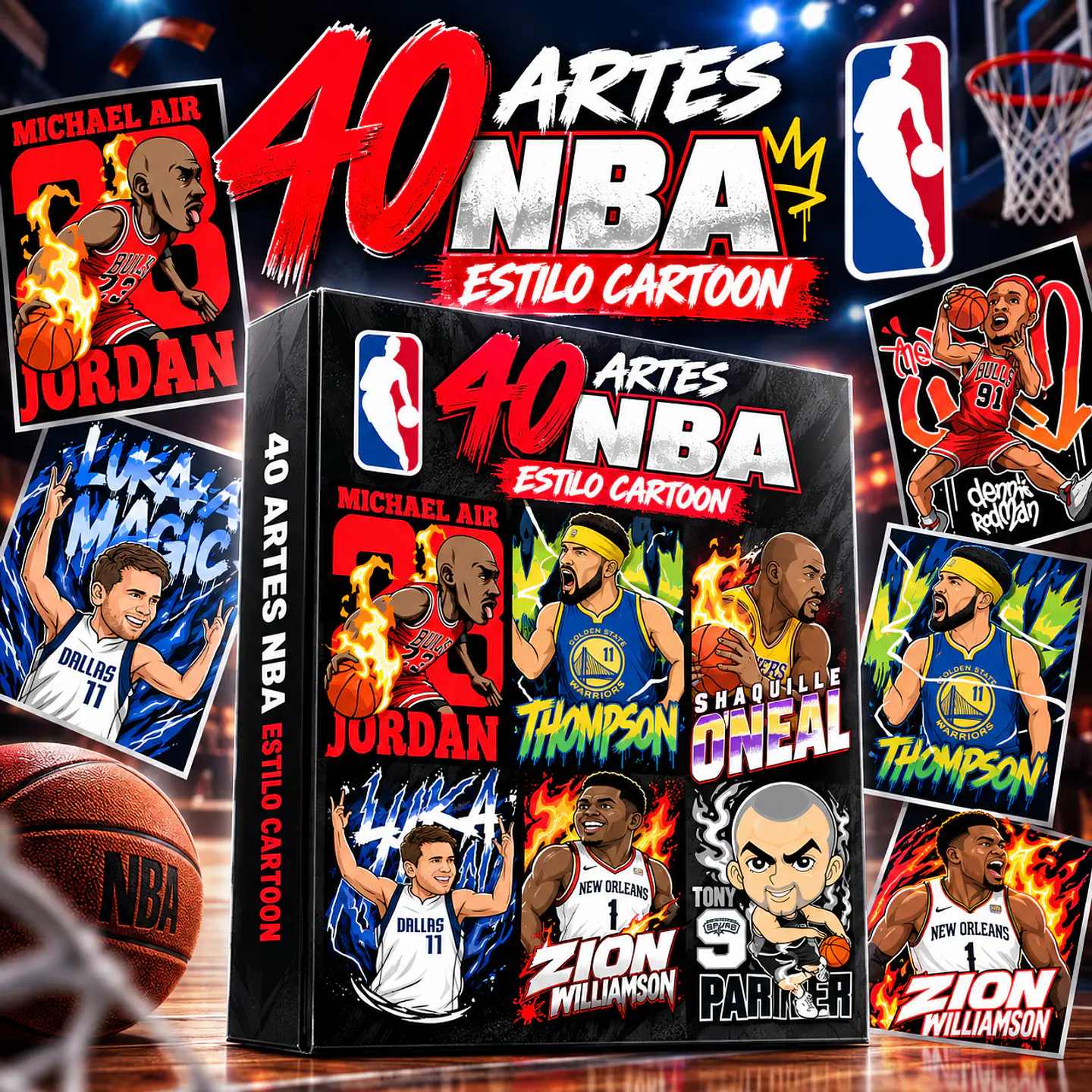 Pack NBA Carton PNG | 40 Artes para Camisas DTF, Silk e Sublimação em Alta Resolução 1