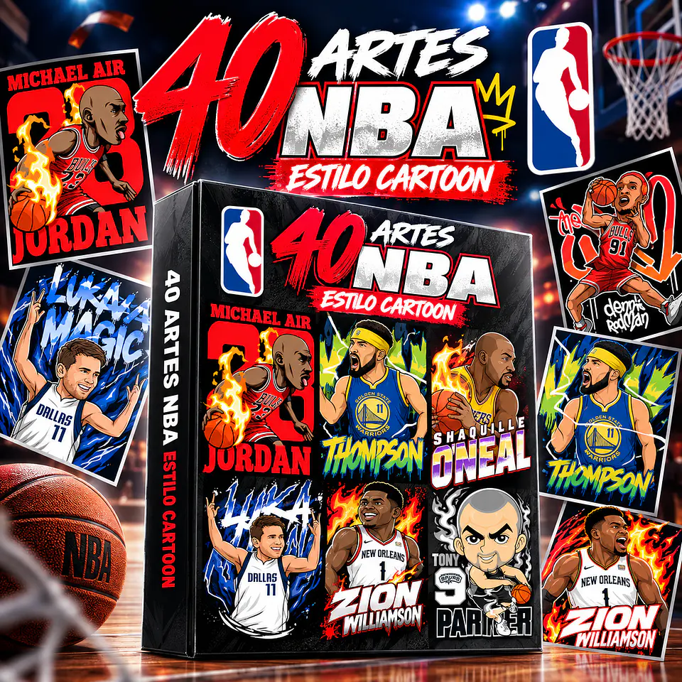 Pack NBA Carton PNG | 40 Artes para Camisas DTF, Silk e Sublimação em Alta Resolução 1
