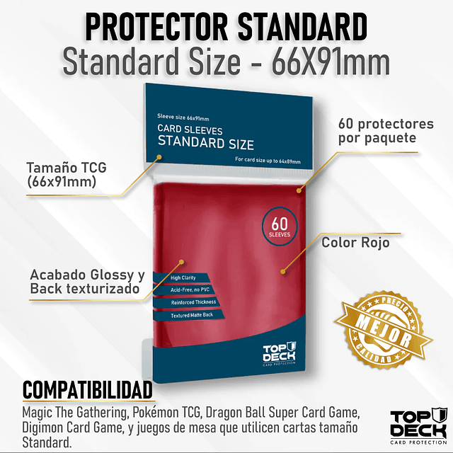 Protector Standard 66x91mm Top Deck - Color Rojo