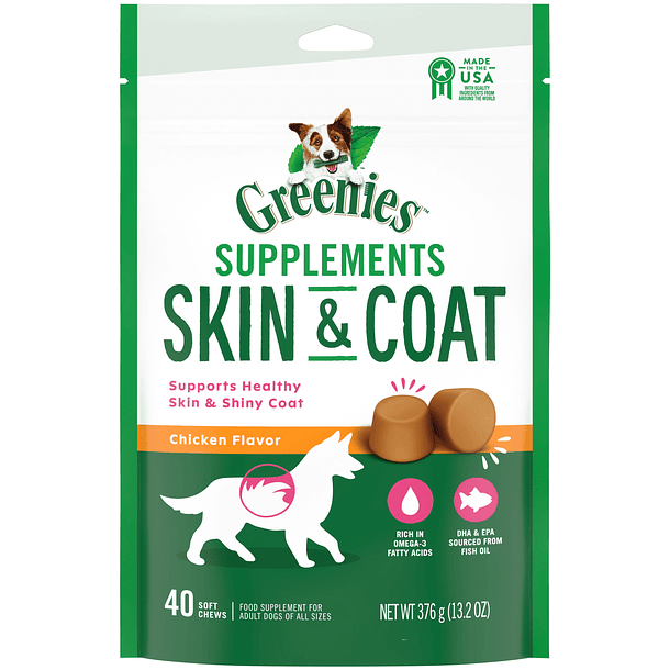 Suplementos para perros Greenies, golosinas masticables suaves con sabor a pollo para la salud de la piel y el pelaje 1