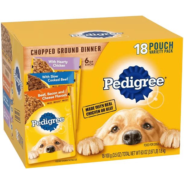 Comida de cachorro moída picada com pedigree para jantar de carne moída para cães adultos, pacote de variedades, (18) bolsas de 3,5 onças 5