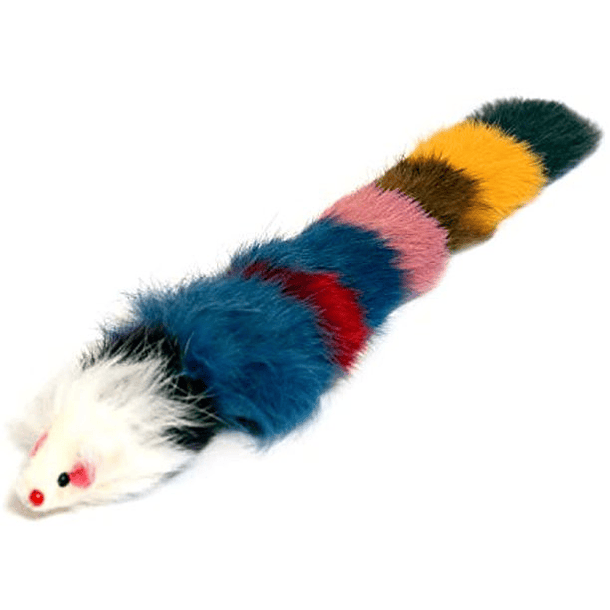 Juego icónico para mascotas de 2 juguetes de comadreja de piel (uno marrón/blanco, uno multicolor) con chirriador para mascotas 3