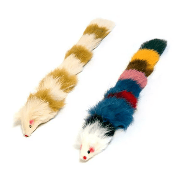 Juego icónico para mascotas de 2 juguetes de comadreja de piel (uno marrón/blanco, uno multicolor) con chirriador para mascotas