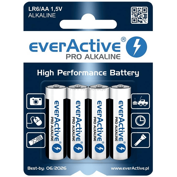 Blister 4x Pilhas Alcalinas 1,5V LR6 AA - everActive PRO ALKALINE 1