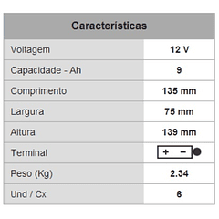Bateria PB p/ Mota 12V 9Ah Alta Performance
