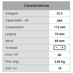 Bateria GEL p/ Mota 12V 3Ah