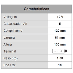 Bateria PB p/ Mota 12V 5Ah Alta Performance