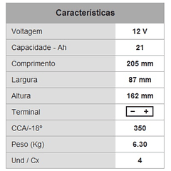 Bateria PB p/ Mota 12V 21Ah