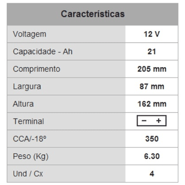 Bateria PB p/ Mota 12V 21Ah 2