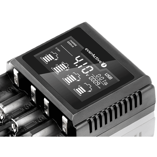 Carregador Profissional de Multi-Baterias NiMH/Li-ion/Li-FePO4 USB c/ LCD - everActive 4