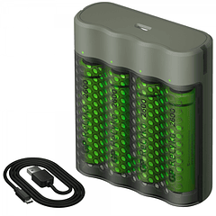 Carregador de Pilhas AA/AAA (USB) c/ Oferta 4 Pilhas Recarregáveis Recyko AA 2600mAh - GP