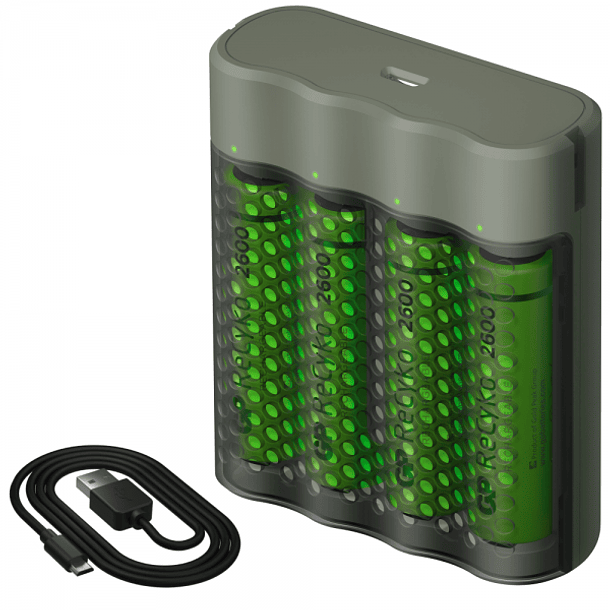 Carregador de Pilhas AA/AAA (USB) c/ Oferta 4 Pilhas Recarregáveis Recyko AA 2600mAh - GP 1