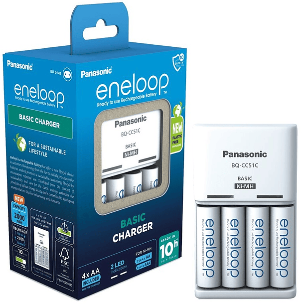 Carregador BQ-CC51C + 4 Pilhas Recarregáveis AA 2000mAh BK-3MCDE eneloop - PANASONIC K-KJ51MCD40E 1