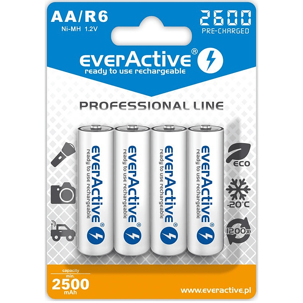 Blister 4 Pilhas Recarregáveis 1,2V AA Ni-Mh 2600mAh RTU - everActive 1