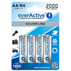 Blister 4 Pilhas Recarregáveis 1,2V AA Ni-Mh 2000mAh (min 1900mAh) RTU - everActive