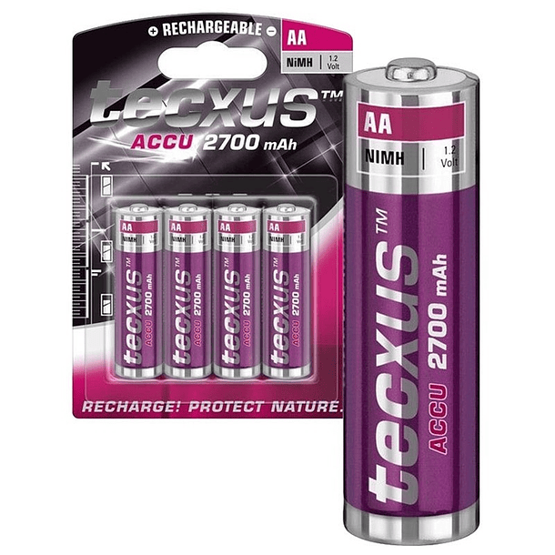 Blister 4 Pilhas Recarregáveis 1,2V AA Ni-Mh 2700mA - TECXUS 