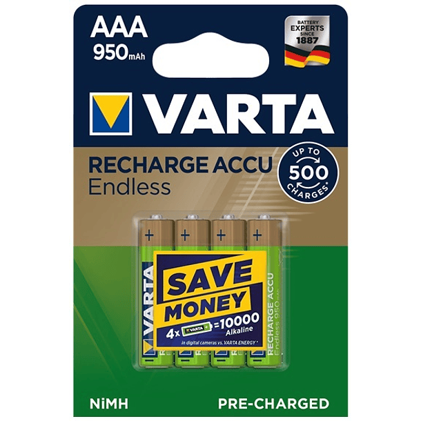 Blister 4 Pilhas Recarregáveis AAA 1,2V 1000mAh - VARTA 