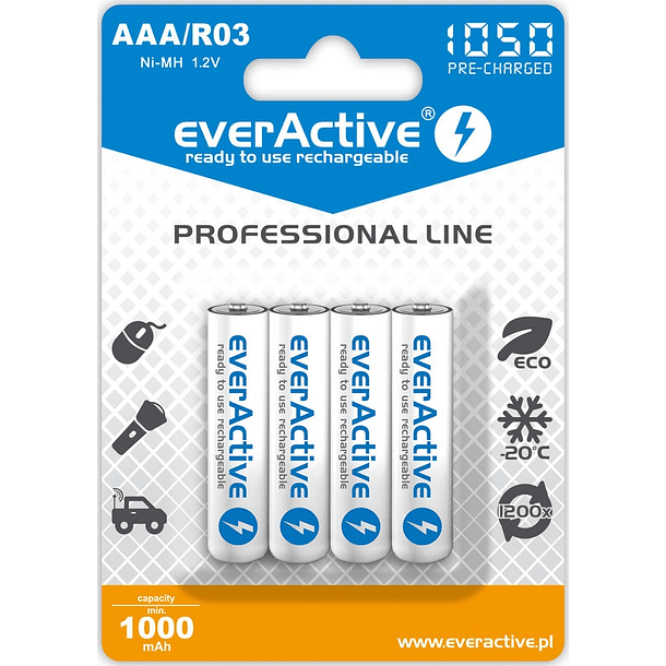 Blister 4 Pilhas Recarregáveis 1,2V AAA Ni-Mh 1050mAh - everActive 