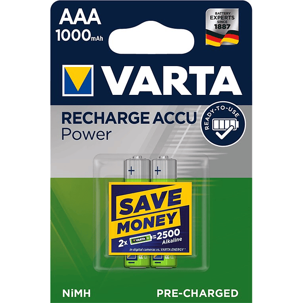 Blister 2x Pilhas Recarregáveis AAA (Micro) 1000mAh - VARTA 1