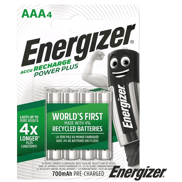 Blister 4x Pilhas Recarregáveis 1,2V 700mAh Ni-Mh - AAA - ENERGIZER Power Plus 