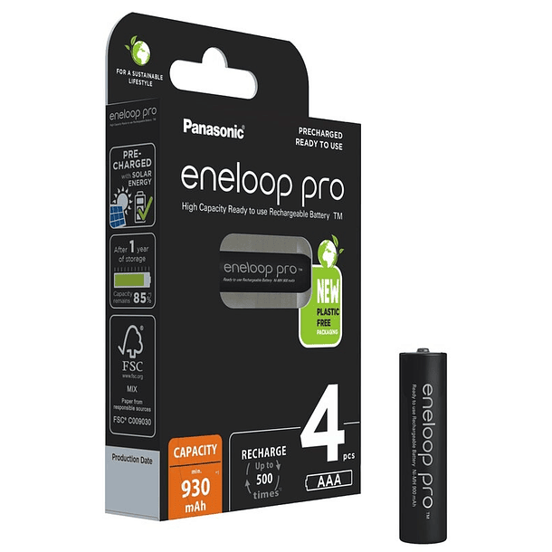 Blister 4 Pilhas Recarregáveis AAA 1,2V 930mAh eneloop Pro - PANASONIC 1